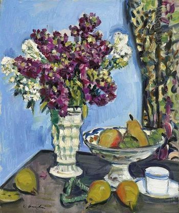 Hunter stocks in a white vase c1928