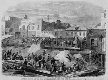 Stock Photo #4048-6369, Poor people scavenging garbage dump looking for rags, coal, and bones, on a barge docked at the foot of Beach Street, New York City.