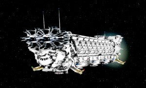 An enormous space freighter cruises through the stars.
