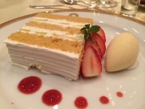 Melon cake with vanilla ice cream and red fruit coulis.