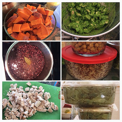 Feeling mighty proud of my new cook self. Cooked and prepared for the week: yams, green chicken salad, black beans, chic peas, quinoa, baked chicken, mixed greens. Not pictured : salad dressing, green dip/sauce. All delicious and flavored well for my pic