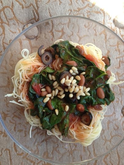fat free spicy pasta with greens and olives