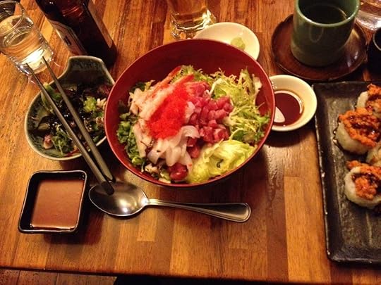 Sashimi bibimbap, seaweed salad and dynamite sushi at Sushi Garden, Brighton