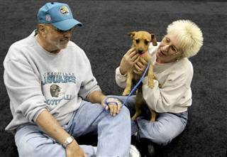 This Dec. 11, 2012 photo provided by MGM Resorts International shows MGM Grand poker dealer Dar Reike holds her adopted dog, Alexia, next to her husba...