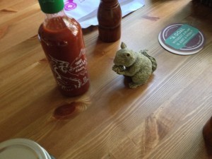 He leapt for the table.