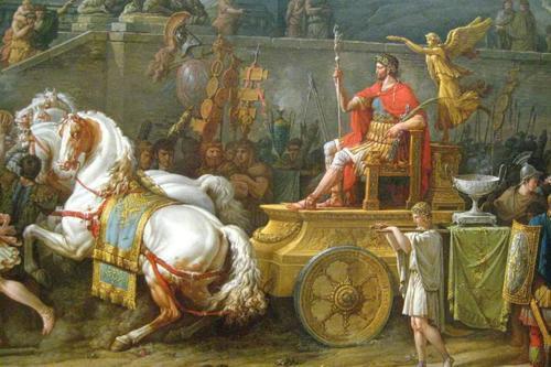 A detail of Venet's painting, showing Aemilius Paullus in his chariot and the horses that reminded me of the riderless horse in the Delphi frieze, shown below.