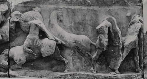One of the scenes in relief sculpture on the Monument of Aemilius Paullus at Delphi in Greece, showing the riderless horse described by Livy and Plutarch in their accounts of the Battle of Pydna. This general style of sculpture was not a novelty&nbsp;in Greece, but what was new was the depiction of&nbsp;an actual battle rather than a veiled mythological scene - the beginning of a long tradition in Roman sculpture that was to reach its height in the military reliefs on the Column of Trajan, shown anachronistically in Venet's painting above.