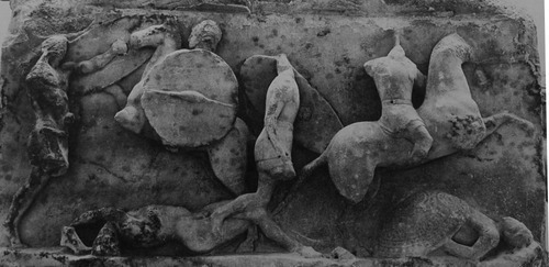 Another scene from the Aemilius Paullus monument, showing Roman and Macedonian soldiers distinguishable by their shields and other equipment.