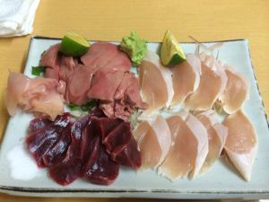 And the sashi trio: breast, liver, and gizzard. Koji assured me they had been blanched in boiling water before serving...in case you were worried for me.