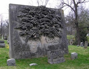The Vergon Gravestone, an approximately ten foot by ten foot bas relief slab of carved stone showing a huge chestnut tree with whimsical animals and reptiles hidden in the leaves.