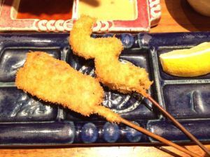 Two types of kushiage: beef, shrimp and shiso
