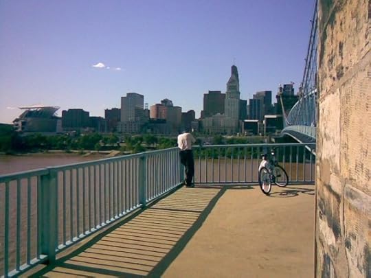 View of downtown Cincinnati from the Roebling Bridge