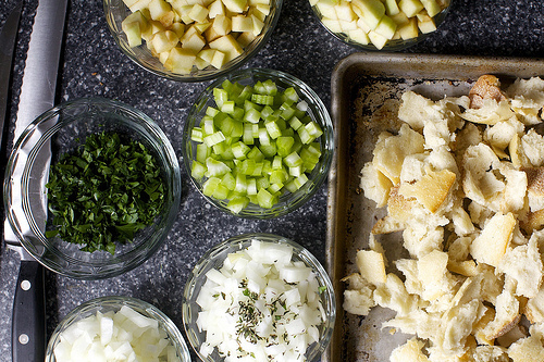 apples, celery, onion, bread, herbs