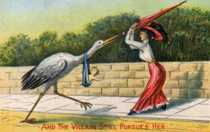 victorian-postcard-flummoxed-woman-swats-away-stork-parasol-baby-delivery-villain-still-pursues-her-drawing-paiting-image