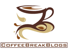 A stylized cup of coffee drawing with the words Coffee Break Blogs below it