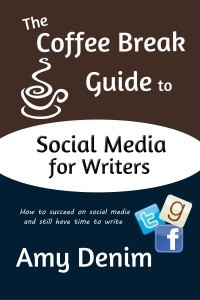 The cover for The Coffee Break Guide to Social Media for Writers. It's brown, white, and blue with social media icons and a stylized coffee cup.