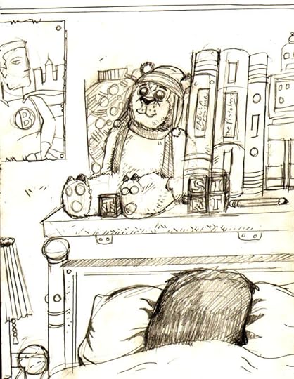 Tristan on the shelf in black and white