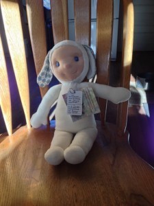 A Waldorf inspired Snowbunny, for sale at the NLOC Christmas Fair December 7th