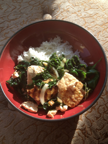 chard, spinach, and tofu with rice