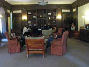The Haunted Mansion Writers at work in the Safe Room. Photo by Sephera Giron. Angel is on the left in her sweater.