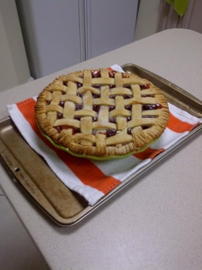 Who'd a thunk a chilled bottle of rum punch serving as rolling pin could <br />result in such a fine lattice work top for a cherry pie? Adele, my <br />mom-in-law gifted me with the bottle her grandmother used as a rolling <br />pin.