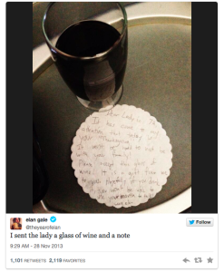 glass of wine sent with mean note from Elan