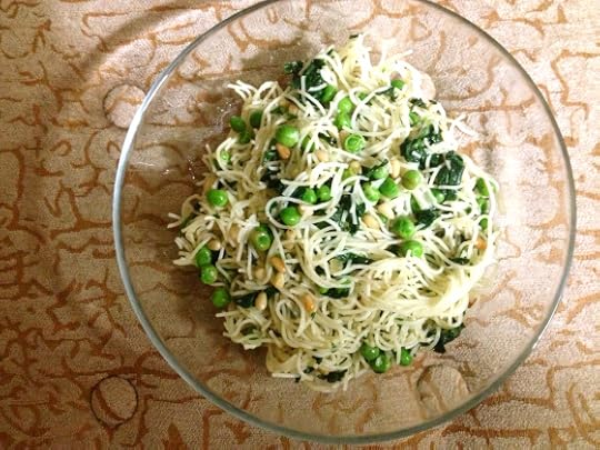 vegan angel hair pasta with peas, spinach, and pine nuts
