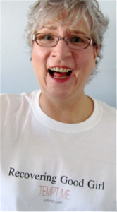 Sally Felt models t-shirt reading, 