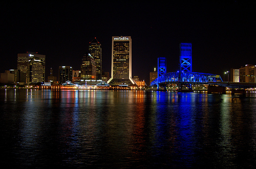 St. Johns River flowing through Jacksonville at night Image courtesy of Don Dearing on flickr.com