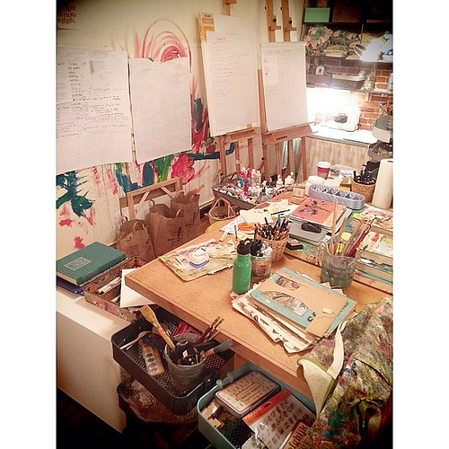 Current view. Painting and collaging on the table and strategizing biz stuff on the walls. Alternating between the two today. #ilovemyjob