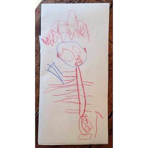 This morning we had breakfast with the grands before the parade and True decided to draw Grandpa. This is his first person drawing ever and with "fancy legs and arms." As he recently turned three, I was wondering when people drawings would begin and voila