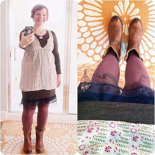 Inspired by @lynzeelynx put together a tank top + a long sleeved tunic + one of my vintage slips to create a layered dress. Add in my purple tights and brown boots and I've got today's #thewearyourjoyproject outfit. #whoknew? #dressedupinjoy