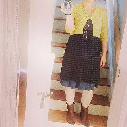 This was yesterday's #dressedupinjoy outfit but the day got away from me and I'm just posting now. Old anthro sweater paired with slip dress and skirt under slip. #fryeboots #thewearyourjoyproject Plenty of "give" in this Thanksgiving outfit!