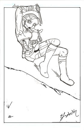 This is an example of what your original artwork might look like as each drawing will be a unique piece of artwork featuring Lark. If you have a preference in weaponry (knives or bow) you can let me know.