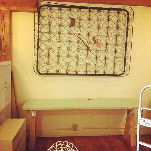 Doesn't look like much now but this is going to be new studio main table. That is an old door for table and old mattress spring for inspiration wall