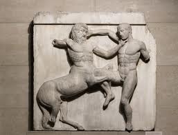 This carving from the Parthenon depicts hand-to-hand (Hand-to-hoof?) combat between a centaur and a human.