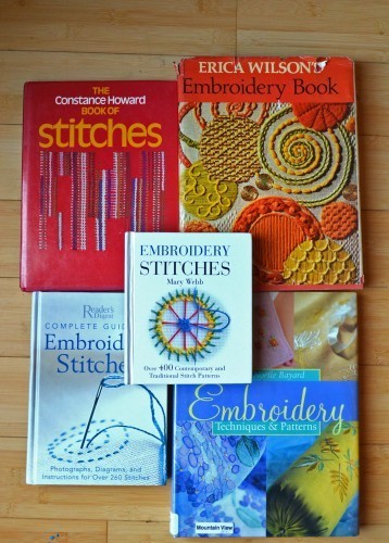 My (so far) modest stash of out of print embroidery books.