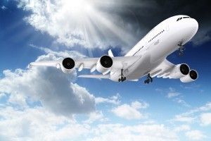 3d large passenger plane flying in the blue sky