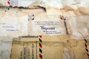 The artwork’s paper support is made up of more than 20 pieces of junk mail – ads for gardening supplies, racy photos, vitamins and magazine subscriptions. Photo by Abby Brack Lewis