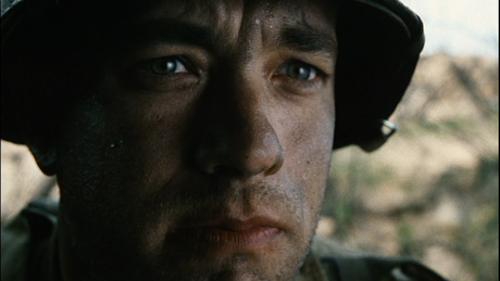 Extreme close-up of Tom Hanks in 'Saving Private Ryan' (c. DreamWorks 1998)