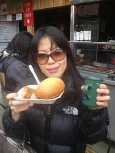 Akemi ready to indulge in some currywurst.