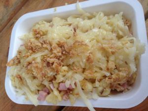 Spaetzle with ham, cheese, and fried onions.