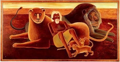 GEORGE ADAMSON DIED IN 1989 PROTECTING THE ANIMALS HE BELIEVED SHOULD BE FREE, 1990, oil on canvas, by Bob Marchant