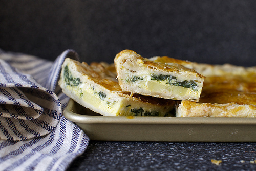 slab pie with eggs, potato and spinach