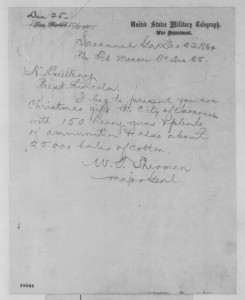 William T. Sherman to Abraham Lincoln, Thursday, Dec. 22, 1864. Manuscript Division. 