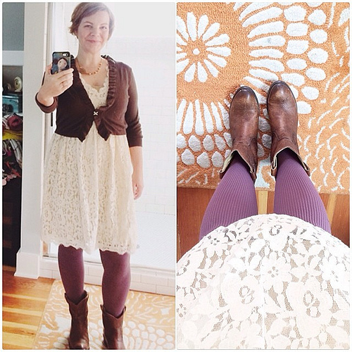 Treated myself to a doily dress the other day. Have always wanted one (thanks anthro - you make it easy to shop) and I'm loving it paired with purple tights and boots. Feeling #dressedupinjoy today. My intention for the day? To remain calm, centered, and