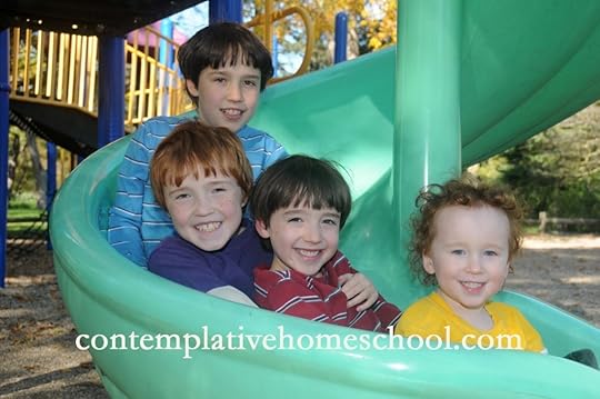 D, M, C, and J slide together at the park.