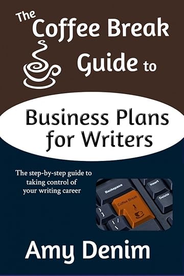 Cover of the Coffee Break Guide to Business Plans is brown on top with the title and a stylized coffee cup in white; the bottom is blue with a small picture of a part of a keyboard. Where the enter or return button should be is a key that shows a picture of a coffee cup and says coffee break.