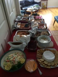 Roast turkey, lasagna, shrimp, salads.