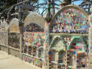 Detail of the Watts Towers, made of cement and broken pottery, found and discarded objects.